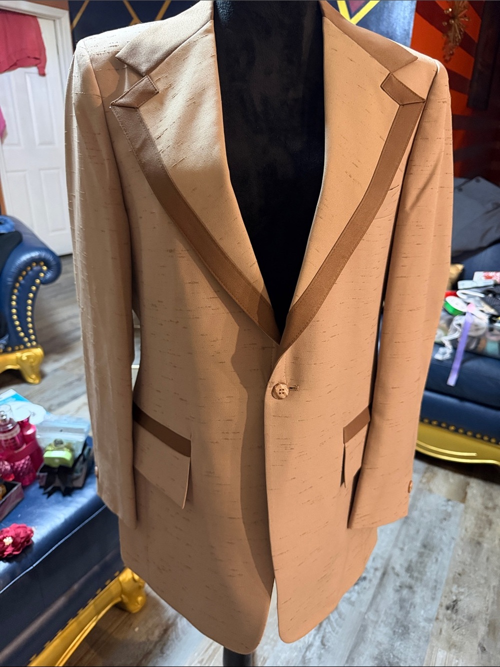 1970’s Vintage After Six Classic Men’s Tan Blazer with Contrast Trim